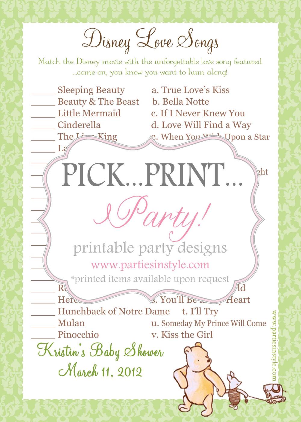 Baby Shower Game - Disney Love Songs - Printable Diy