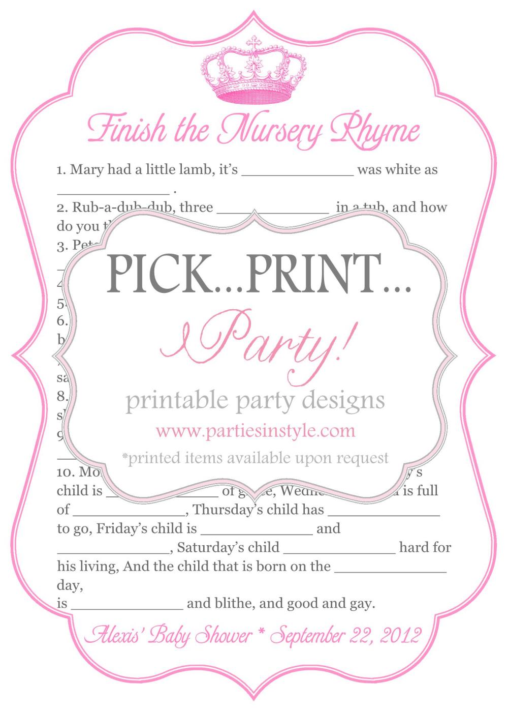 Baby Shower Game - Finish The Nursery Rhyme - Printable Diy