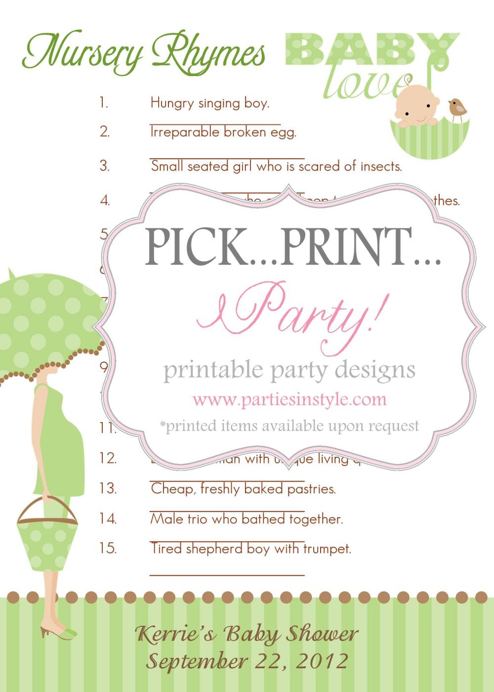 Baby Shower Game - Guess The Nursery Rhyme - Printable Diy